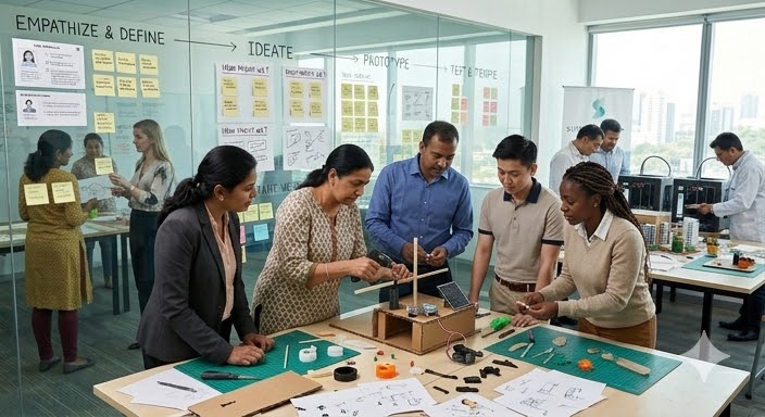 Design thinking workshop showing Empathize & Define, Ideate, Prototype, and Test phases with diverse team collaboration